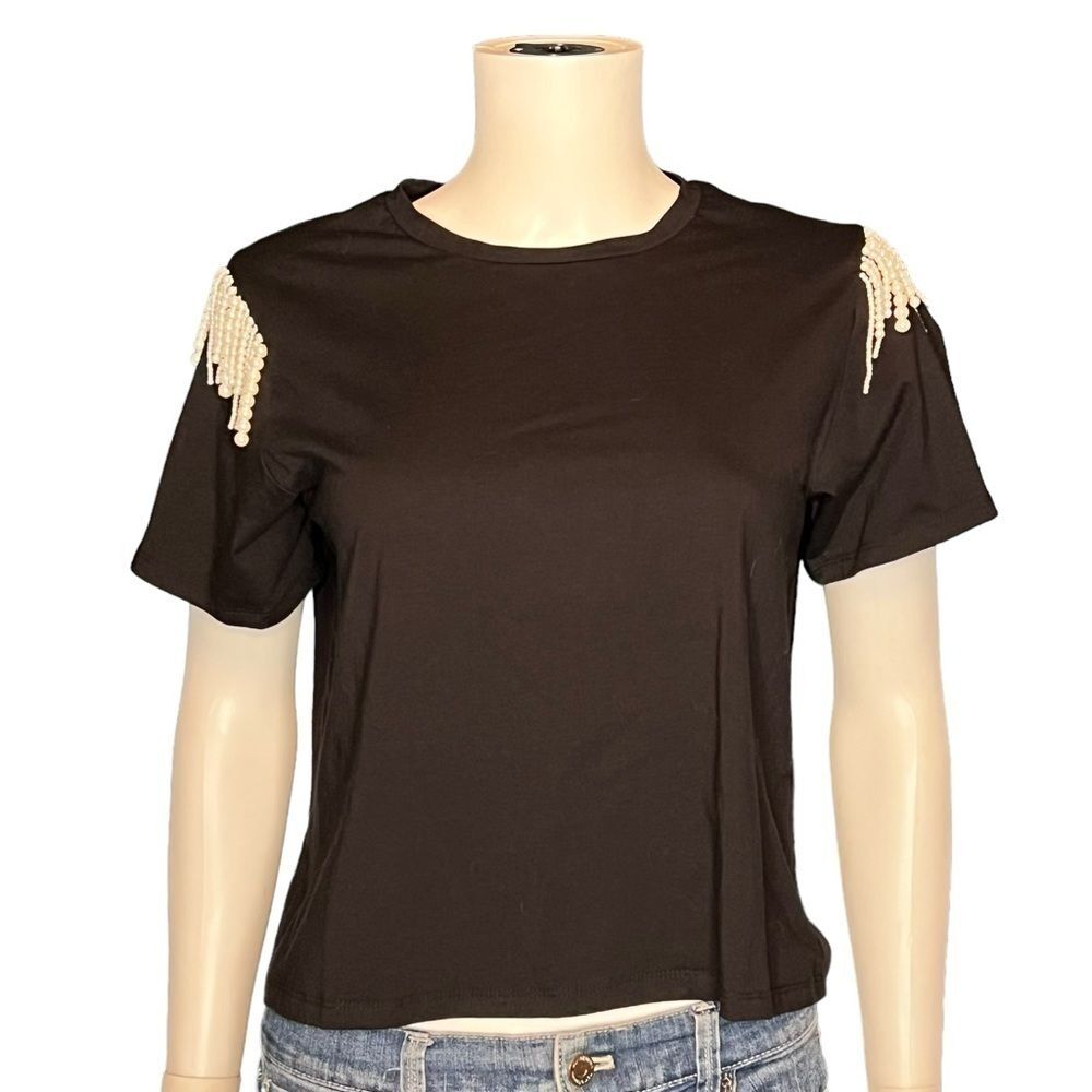 Joie Faux Pearl Fringe Shoulder Tee Black NWT Boho Chic Festival Luxe Y2K Top S - Picture 2 of 5